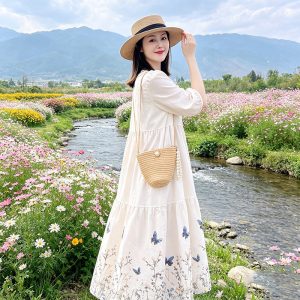 夏季新款棉绸碎花法式显瘦连衣裙子长裙宽松绵绸A字宽松大摆裙女