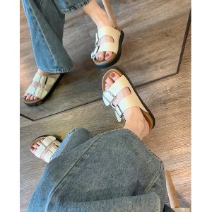踩屎感~真皮勃肯鞋女夏季外穿半拖鞋博肯鞋女式大码一字带凉拖鞋
