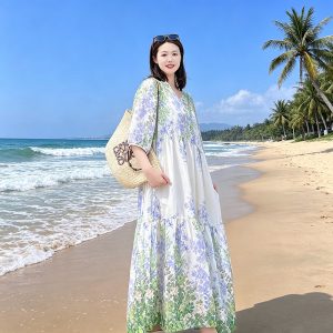 棉绸碎花连衣裙子女夏季薄款2026新款大摆裙宽松显瘦收腰A字长裙
