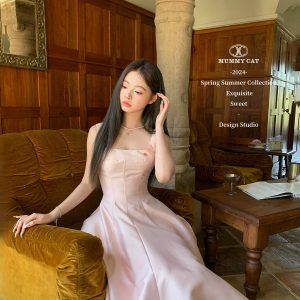 Mummy Cat下蛋喵【戴妃裙】高级仿丝毛鱼骨露背吊带轻礼服连衣裙