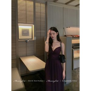 Mummy Cat下蛋喵【无序之爱】26新品V领收腰褶皱垂感吊带连衣裙