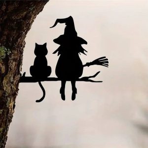 Garden Stake Iron Silhouette Cute Witch and Cat Tree Stump P