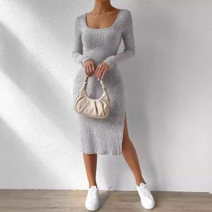 Women Knitted Dresses秋冬欧美方领长袖下摆开衩提花磨毛连衣裙