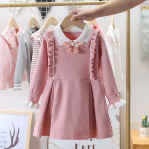 Girls Autumn 2025 Dresses Ruffled Collar Knitted Princess Sk